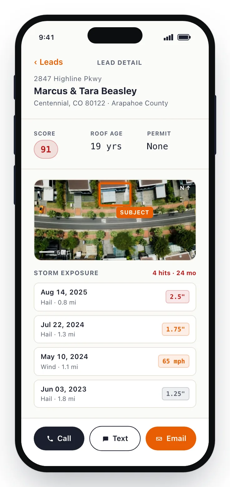 RoofLeads lead detail on a phone — score, roof age, NOAA storm history, and a one-thumb call, text, and email bar